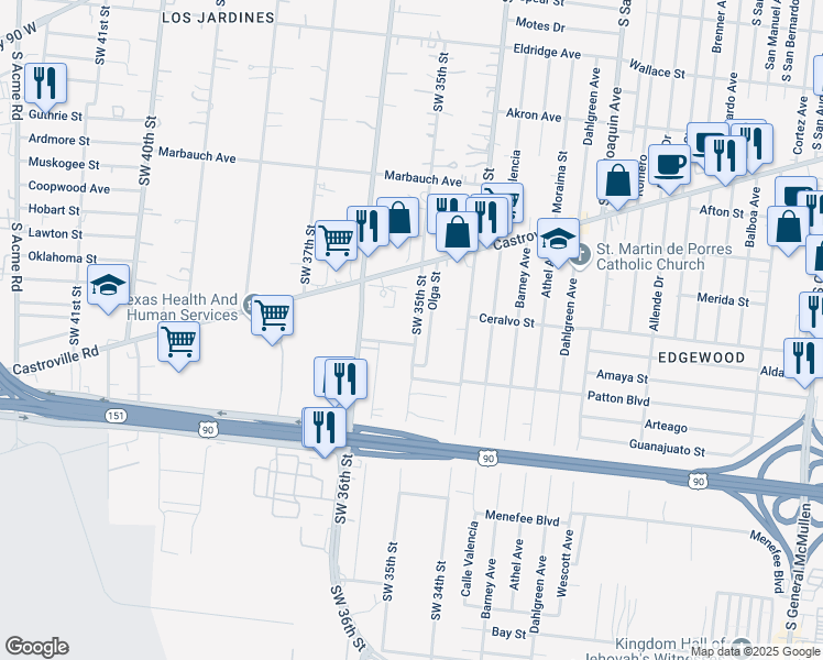 map of restaurants, bars, coffee shops, grocery stores, and more near 1067 Southwest 35th Street in San Antonio