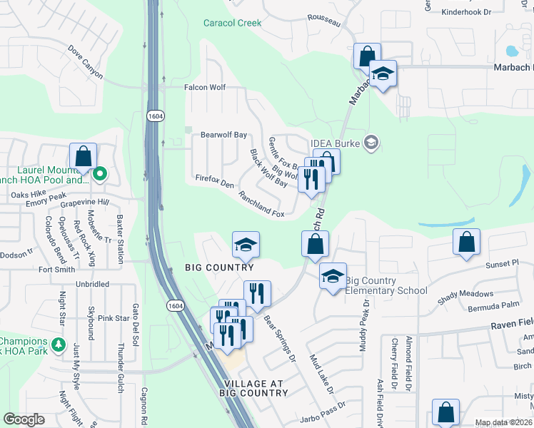 map of restaurants, bars, coffee shops, grocery stores, and more near 10719 Ranchland Fox in San Antonio