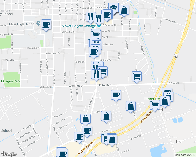 map of restaurants, bars, coffee shops, grocery stores, and more near 1601 South Gordon Street in Alvin