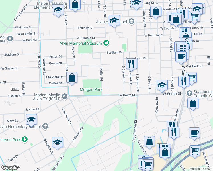 map of restaurants, bars, coffee shops, grocery stores, and more near 1210 Martin Drive in Alvin