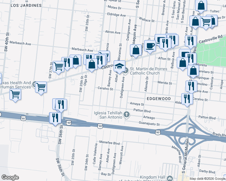 map of restaurants, bars, coffee shops, grocery stores, and more near 1830 Barney Avenue in San Antonio