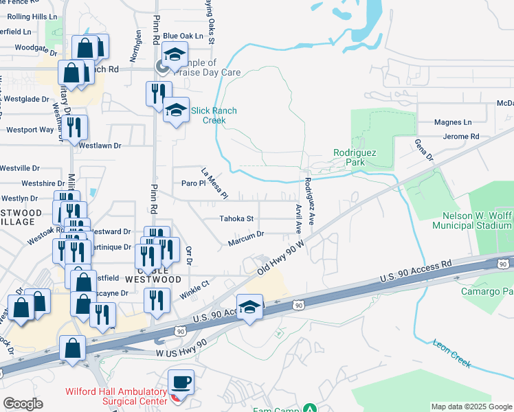 map of restaurants, bars, coffee shops, grocery stores, and more near 6502 Elmer Boulevard in San Antonio