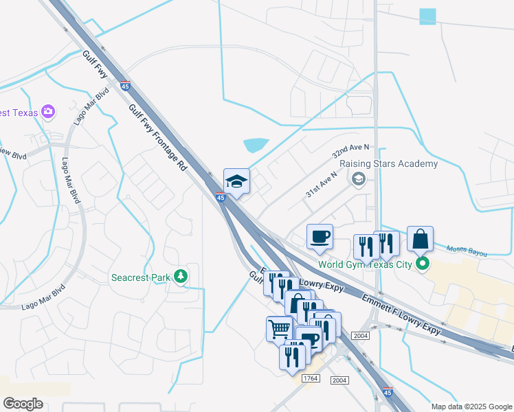 map of restaurants, bars, coffee shops, grocery stores, and more near 11444 32nd Avenue North in Texas City