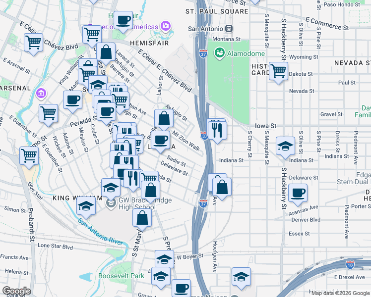 map of restaurants, bars, coffee shops, grocery stores, and more near 538 Leigh Street in San Antonio