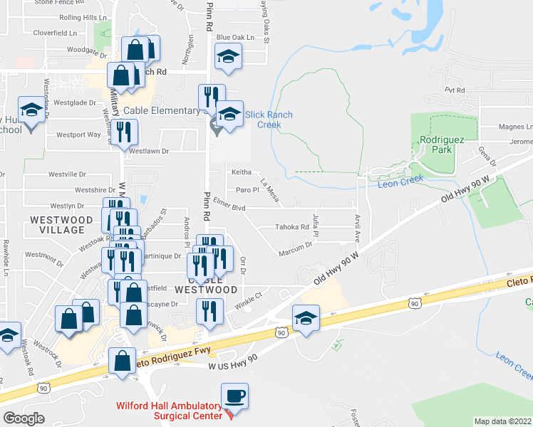 map of restaurants, bars, coffee shops, grocery stores, and more near 6618 Elmer Boulevard in San Antonio
