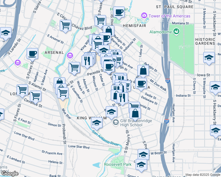 map of restaurants, bars, coffee shops, grocery stores, and more near 119 Fir Street in San Antonio
