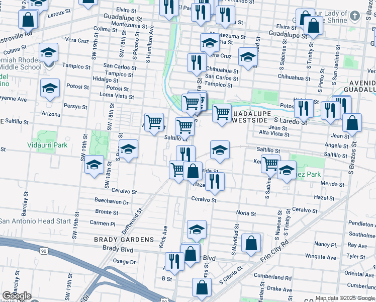 map of restaurants, bars, coffee shops, grocery stores, and more near 1600-1636 S Zarzamora in San Antonio