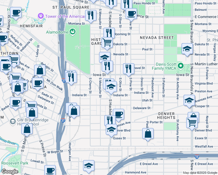 map of restaurants, bars, coffee shops, grocery stores, and more near 907 South Hackberry in San Antonio