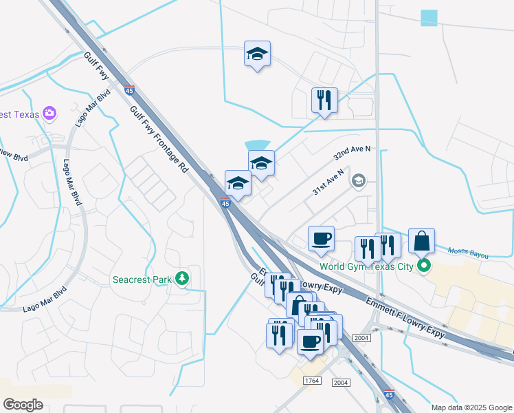 map of restaurants, bars, coffee shops, grocery stores, and more near 11444 32nd Avenue North in Texas City