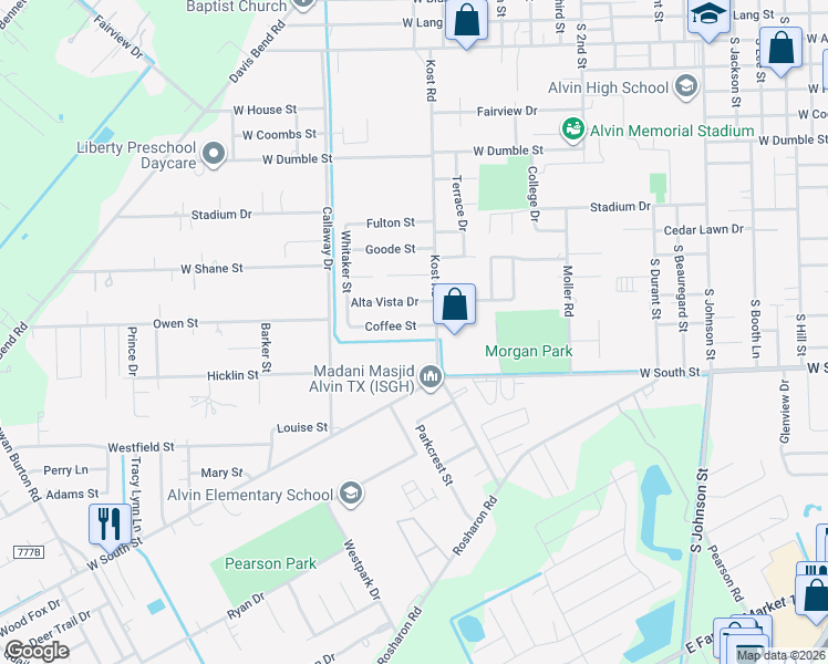 map of restaurants, bars, coffee shops, grocery stores, and more near 1717 Coffee Street in Alvin