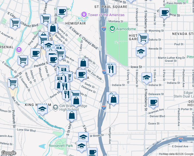 map of restaurants, bars, coffee shops, grocery stores, and more near 629 Mount Zion Walk in San Antonio