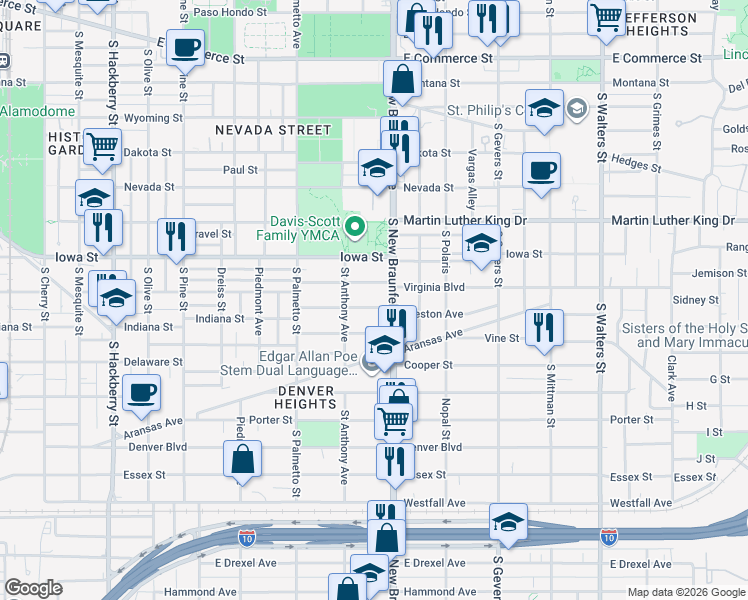 map of restaurants, bars, coffee shops, grocery stores, and more near 245 Nelson Avenue in San Antonio