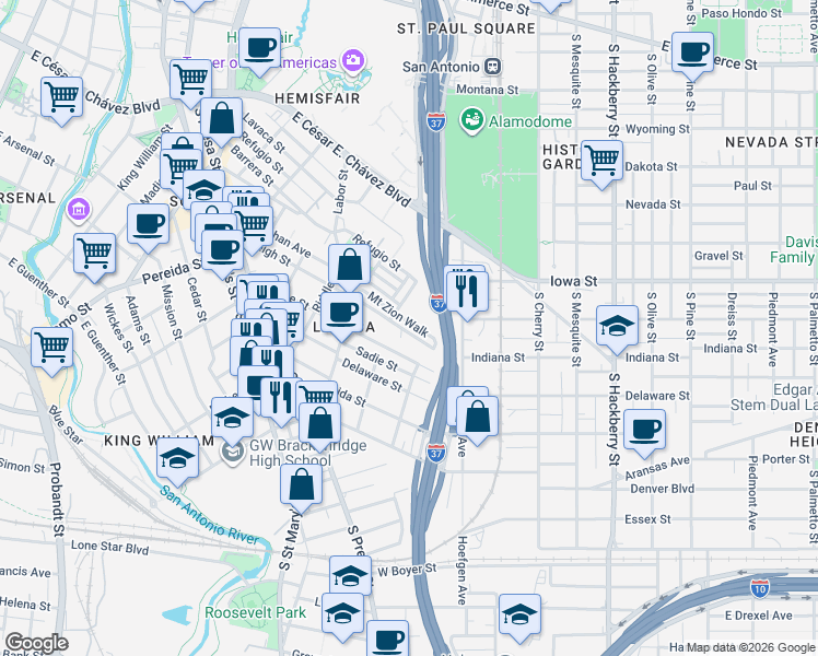 map of restaurants, bars, coffee shops, grocery stores, and more near 629 Mount Zion Walk in San Antonio