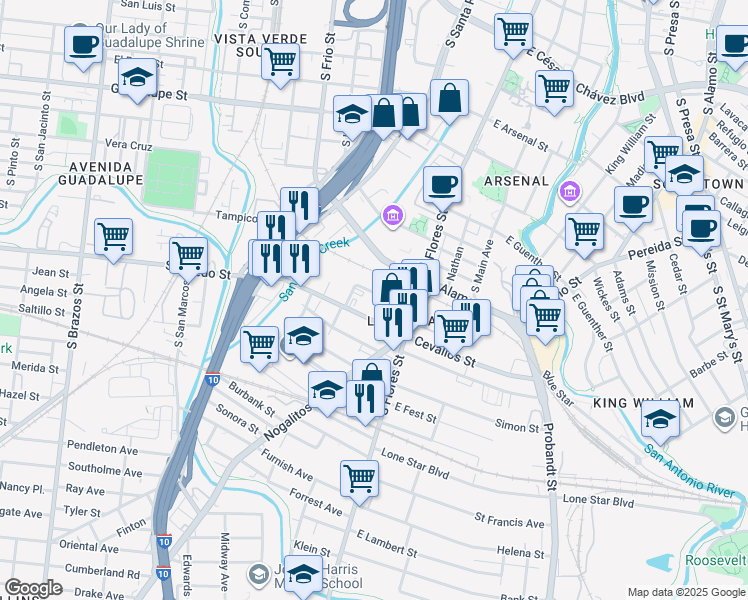 map of restaurants, bars, coffee shops, grocery stores, and more near 118 West Peden Alley in San Antonio