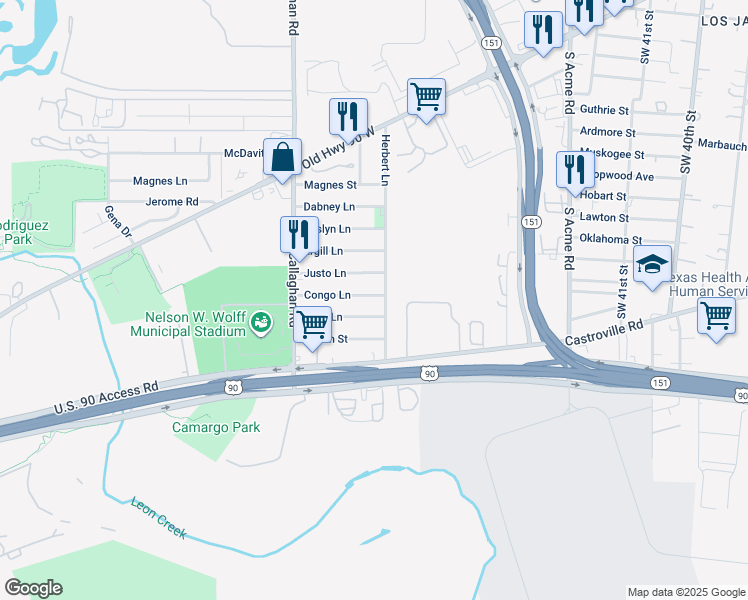 map of restaurants, bars, coffee shops, grocery stores, and more near 5418 Congo Lane in San Antonio