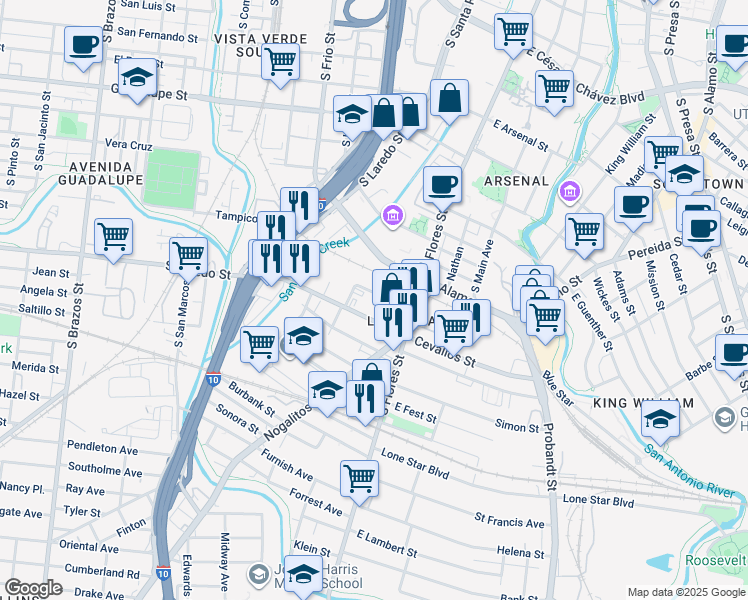 map of restaurants, bars, coffee shops, grocery stores, and more near 210 West Peden Alley in San Antonio
