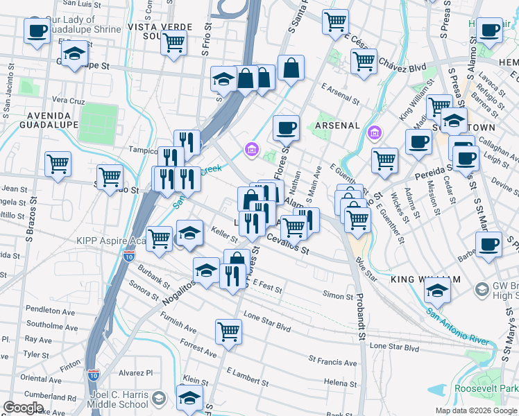 map of restaurants, bars, coffee shops, grocery stores, and more near 118 West Peden Alley in San Antonio