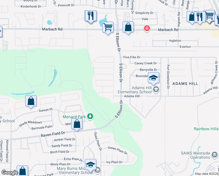 map of restaurants, bars, coffee shops, grocery stores, and more near 9702 Marbach Hill in San Antonio