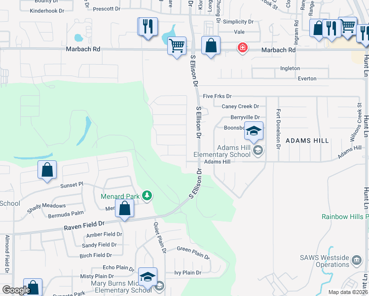 map of restaurants, bars, coffee shops, grocery stores, and more near 9702 Marbach Hill in San Antonio