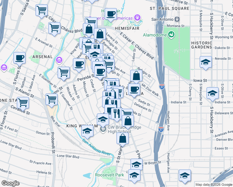 map of restaurants, bars, coffee shops, grocery stores, and more near 1015 South Presa Street in San Antonio