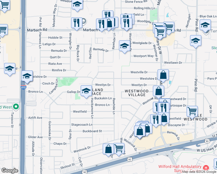 map of restaurants, bars, coffee shops, grocery stores, and more near 7414 Westlyn Drive in San Antonio