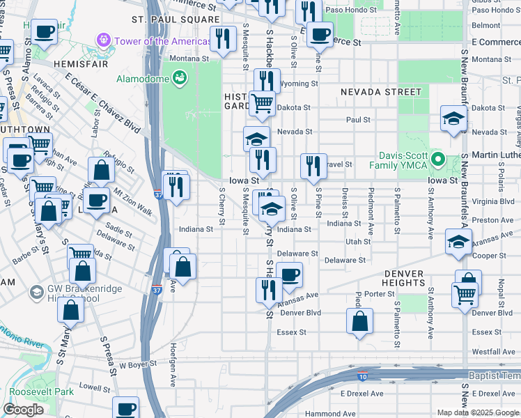map of restaurants, bars, coffee shops, grocery stores, and more near 518 Virginia Boulevard in San Antonio