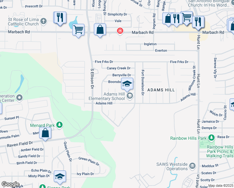map of restaurants, bars, coffee shops, grocery stores, and more near 2118 Cedar Run Drive in San Antonio