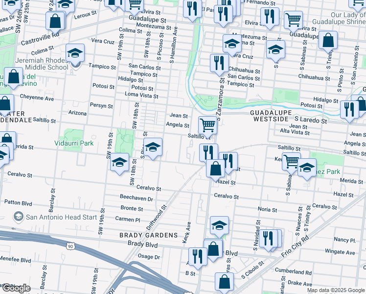 map of restaurants, bars, coffee shops, grocery stores, and more near 1630 South Elmendorf Street in San Antonio