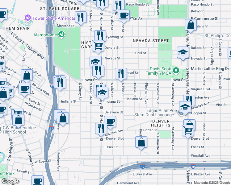 map of restaurants, bars, coffee shops, grocery stores, and more near 708 Virginia Boulevard in San Antonio