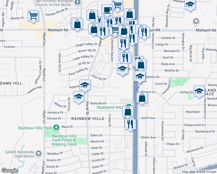 map of restaurants, bars, coffee shops, grocery stores, and more near 2131 Hollow Circle in San Antonio