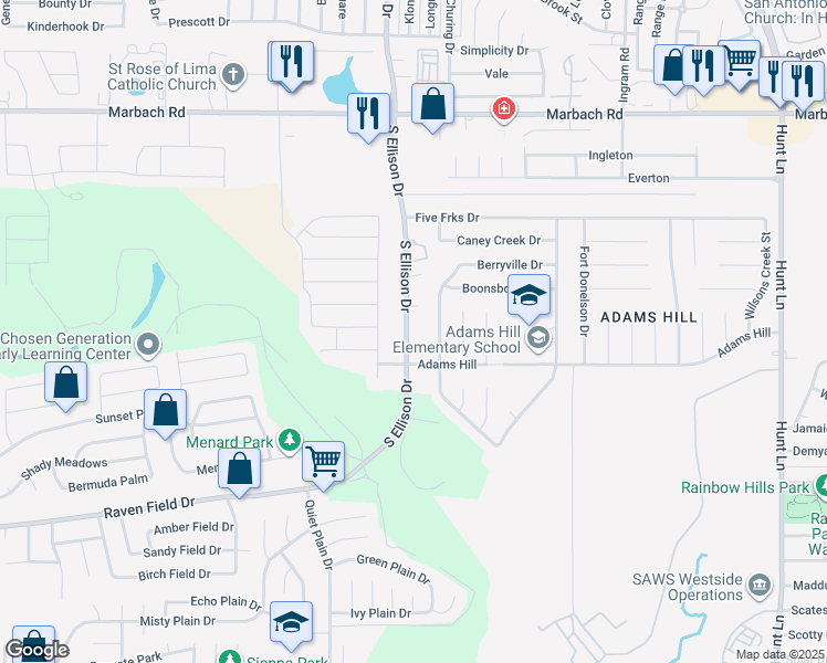 map of restaurants, bars, coffee shops, grocery stores, and more near 2038 South Ellison Drive in San Antonio
