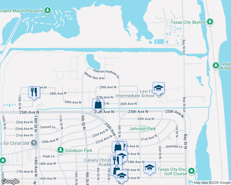map of restaurants, bars, coffee shops, grocery stores, and more near 609 29th Avenue North in Texas City