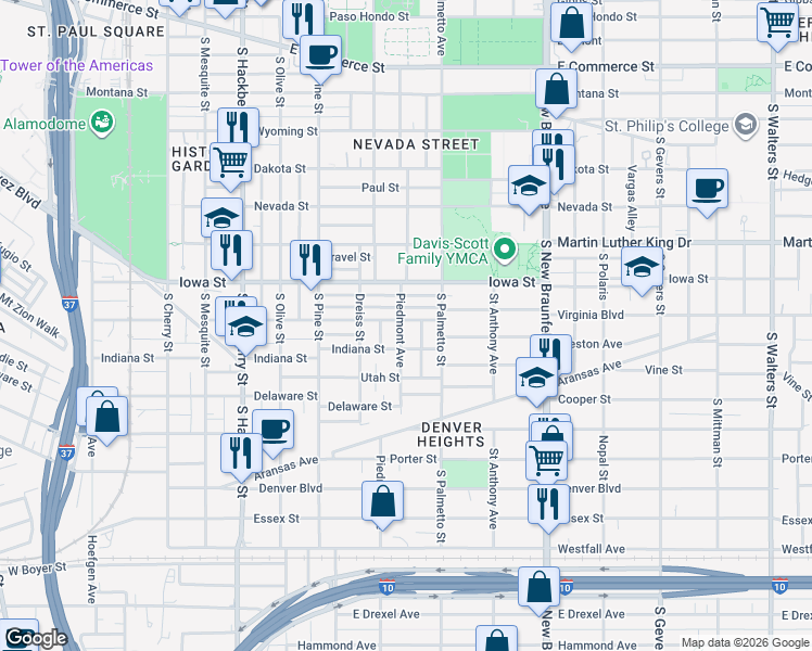 map of restaurants, bars, coffee shops, grocery stores, and more near 926 Virginia Boulevard in San Antonio