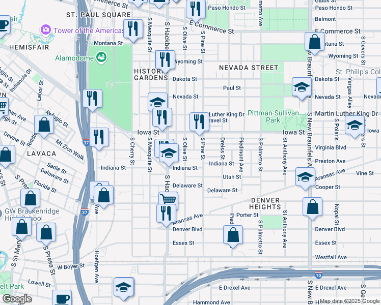 map of restaurants, bars, coffee shops, grocery stores, and more near 628 Virginia Boulevard in San Antonio
