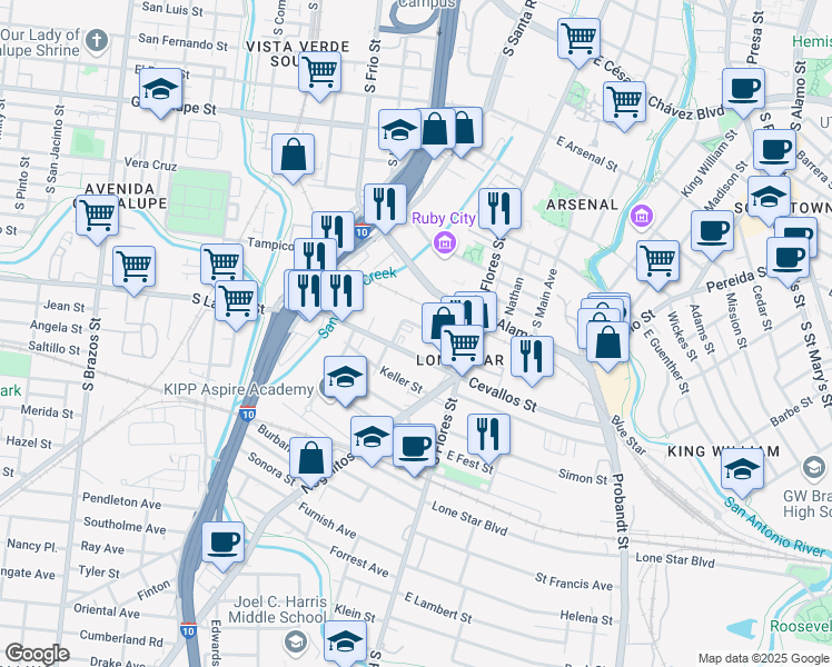 map of restaurants, bars, coffee shops, grocery stores, and more near 210 Marty Street in San Antonio