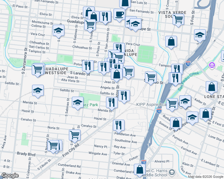 map of restaurants, bars, coffee shops, grocery stores, and more near 1615 South Brazos Street in San Antonio