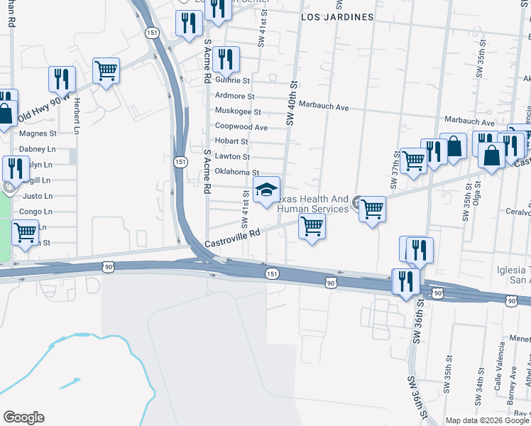 map of restaurants, bars, coffee shops, grocery stores, and more near 2803 Castroville Road in San Antonio