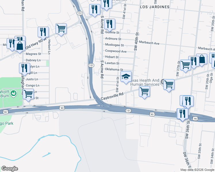 map of restaurants, bars, coffee shops, grocery stores, and more near 1118 South Acme Road in San Antonio