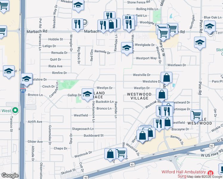 map of restaurants, bars, coffee shops, grocery stores, and more near 7414 Westlyn Drive in San Antonio