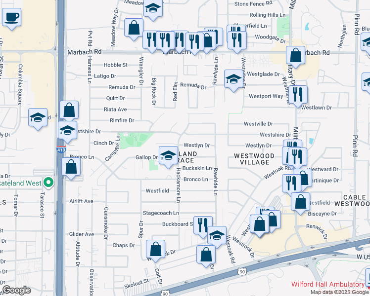 map of restaurants, bars, coffee shops, grocery stores, and more near 7518 Westlyn Drive in San Antonio