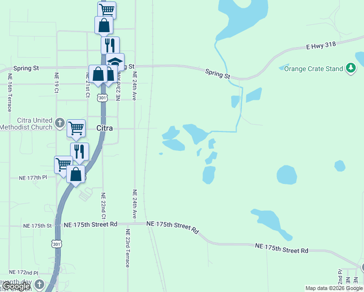 map of restaurants, bars, coffee shops, grocery stores, and more near 17995 Northeast 24th Terrace in Citra