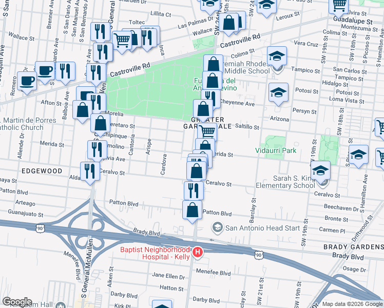 map of restaurants, bars, coffee shops, grocery stores, and more near 1522 Merida Street in San Antonio