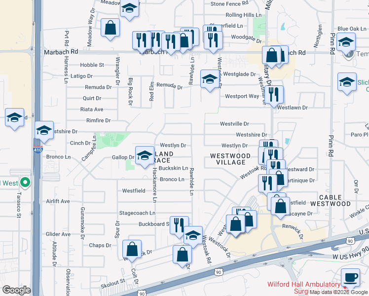 map of restaurants, bars, coffee shops, grocery stores, and more near 7414 Westlyn Drive in San Antonio