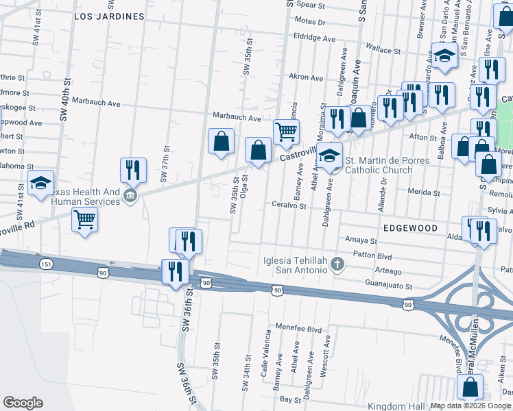 map of restaurants, bars, coffee shops, grocery stores, and more near 1903 Southwest 34th Street in San Antonio