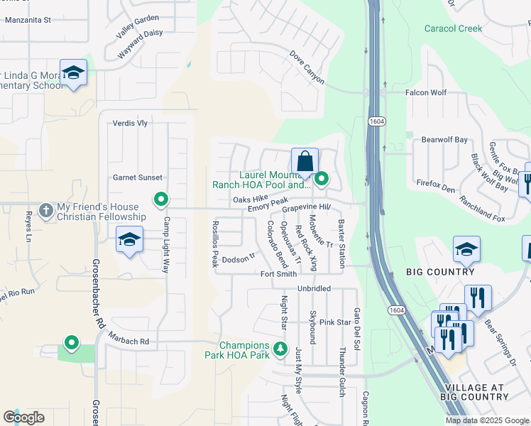 map of restaurants, bars, coffee shops, grocery stores, and more near 2103 Colorado Bend in San Antonio