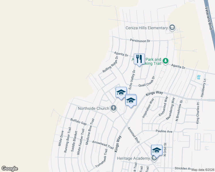 map of restaurants, bars, coffee shops, grocery stores, and more near 103 Covey Ridge Drive in Del Rio