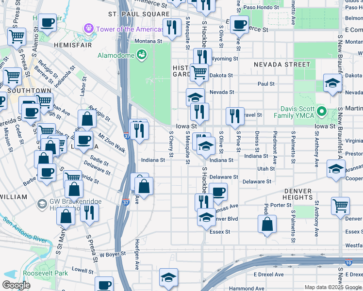 map of restaurants, bars, coffee shops, grocery stores, and more near 1320 East César E. Chávez Boulevard in San Antonio