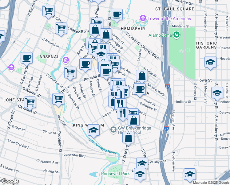 map of restaurants, bars, coffee shops, grocery stores, and more near 1015 South Presa Street in San Antonio
