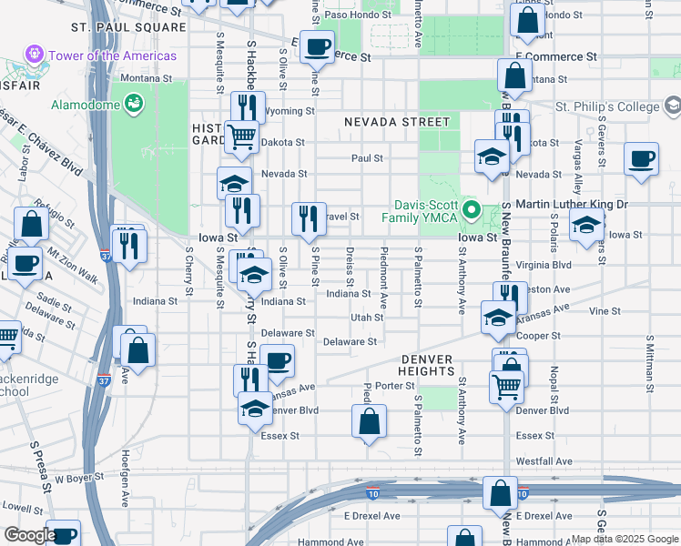 map of restaurants, bars, coffee shops, grocery stores, and more near 828 Virginia Boulevard in San Antonio