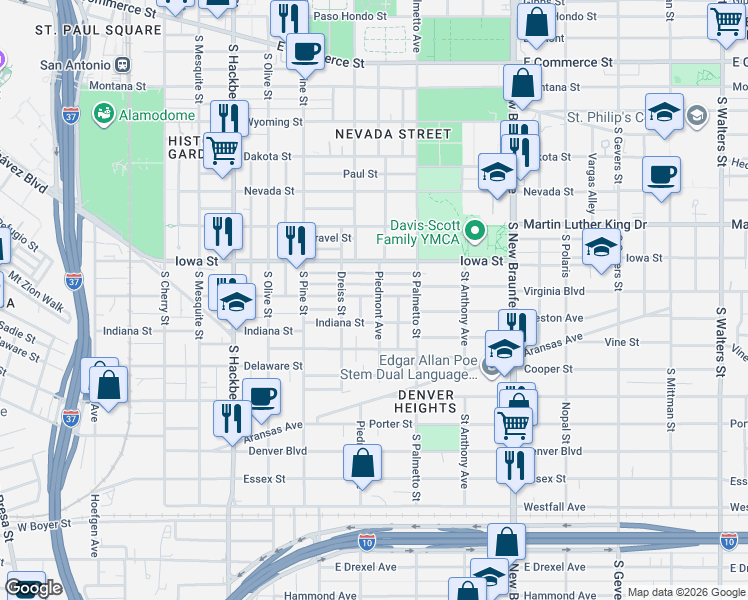 map of restaurants, bars, coffee shops, grocery stores, and more near 926 Virginia Boulevard in San Antonio
